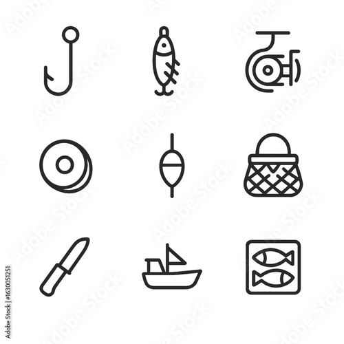 Fishing Gear Icons. Outline icon set of catch tools: fishing hook, bait, fishing reel, fishing line, fishing float, fishing basket