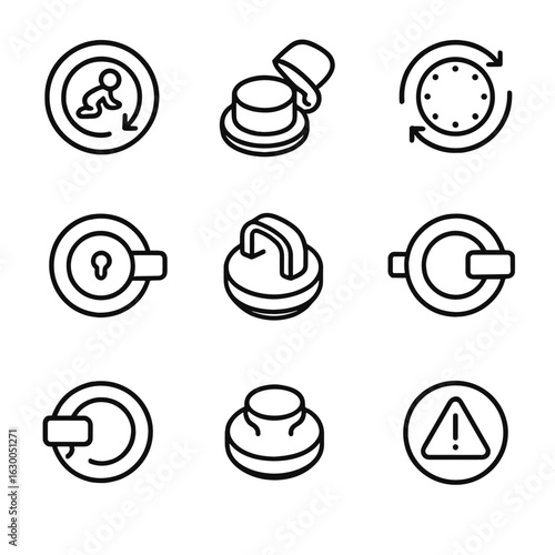 Safety Knob Icons. Outline icon set of safety lid knobs: child lock knob, safety cover knob, tamper proof knob, locking lid knob,