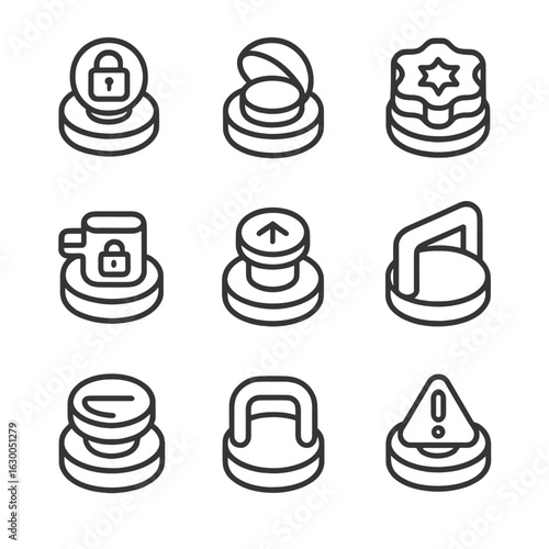 Safety Knob Icons. Outline icon set of safety lid knobs: child lock knob, safety cover knob, tamper proof knob, locking lid knob,