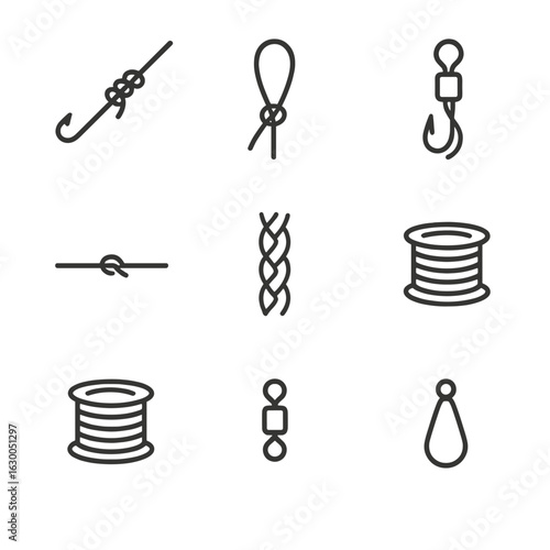 Fishing Knots Icon Set. Outline icon set of fishing knots and lines: clinch knot, loop knot, palomar knot, leader line, braided