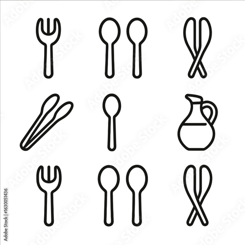 Salad Tools Icons. Outline icon set of salad serving tools: salad fork, salad spoon, tong, mixing spoon, oil black color,