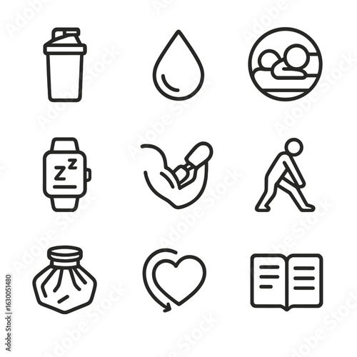 Fitness Recovery Icons. Outline icon set of fitness recovery: protein shake, water drop, rest icon, sleep tracker, muscle massage,