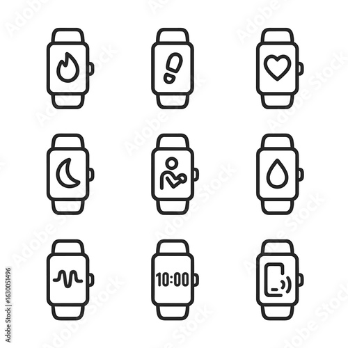 Fitness Tracker Icons. Outline icon set of fitness trackers: calorie counter, step tracker, heart rate icon, sleep monitor,