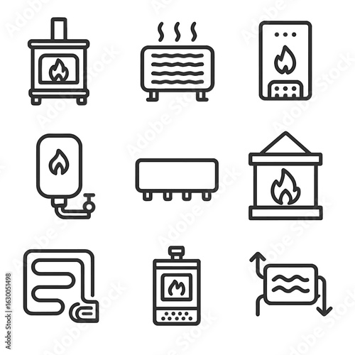 Heating Appliance Icons. Outline icon set of heating appliances: wood stove, electric heater, gas furnace,