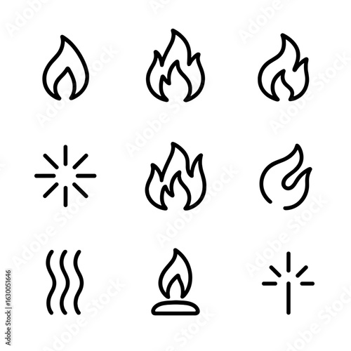 Flame Icon Collection. Outline icon set of flame symbols: fire icon, rising flame, flickering flame, spark burst, triple flame,