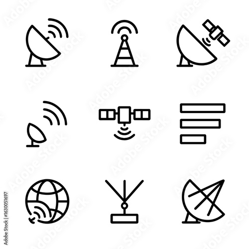 Satellite Communication Icons. Outline icon set of downlink satellite communication: parabolic dish, uplink antenna, downlink