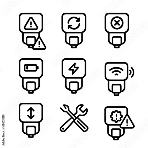 Flash Unit Diagnostics Icons. Outline icon set of flash unit diagnostics: overheating warning, recycle indicator, error message,