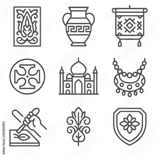 Heritage Design Icons. Outline icon set of heritage influence on design: traditional carving, ancient vase,