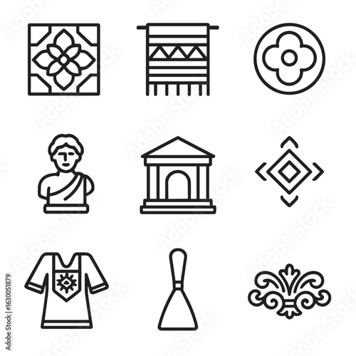 Heritage Icon Grid. Outline icon set of heritage-inspired modern design: mosaic tile, traditional textile,