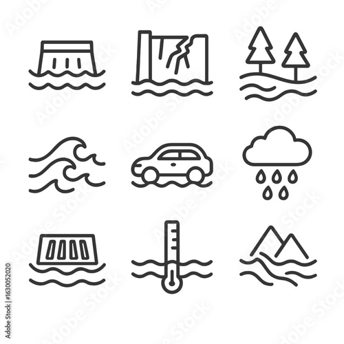 Flood and Evacuation Icons. Outline icon set of flood phenomena: rising water, broken dam, overflowing river, flood waves,