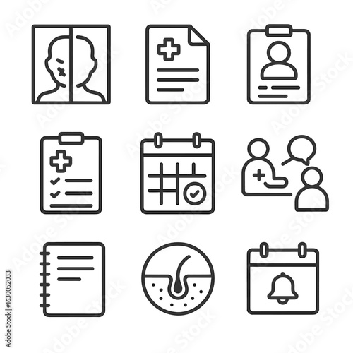 Scar Documentation Icon Set. Outline icon set of scar documentation: before and after photos, medical report, patient chart,