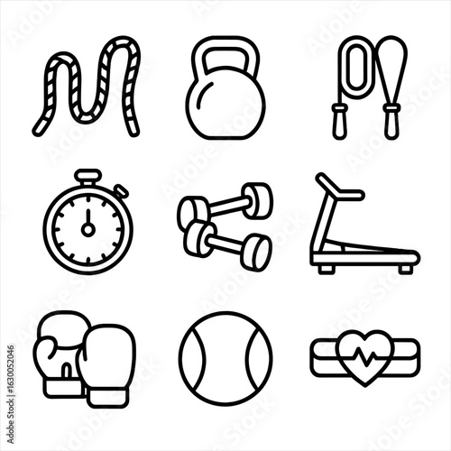 HIIT Equipment Icons. Outline icon set of HIIT training equipment: battle ropes, kettlebell, jump rope,