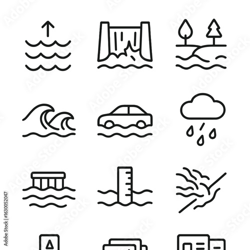 Flood and Evacuation Icons. Outline icon set of flood phenomena: rising water, broken dam, overflowing river, flood waves,