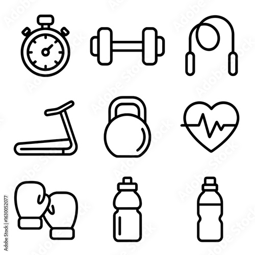 HIIT Workout Icon Set. Outline icon set of high-intensity interval training (HIIT): stopwatch, dumbbells, jump