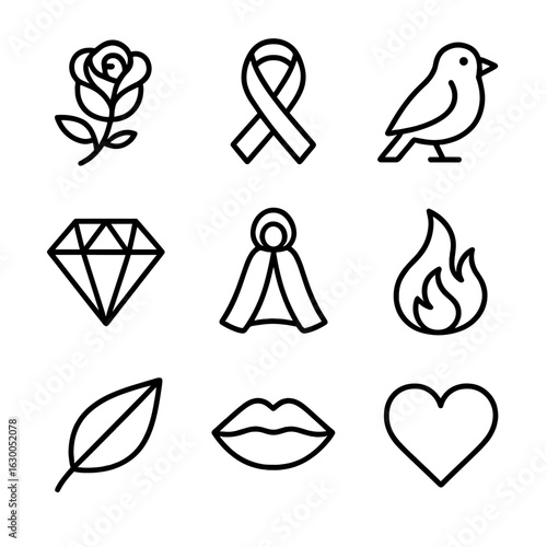 Scarlet Object Icons. Outline icon set of scarlet objects and symbols: scarlet rose, scarlet ribbon, scarlet bird, scarlet