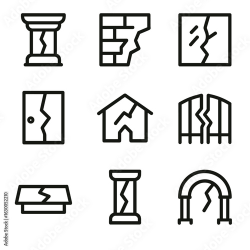 Schism Architecture Icons. Outline icon set of schism architecture: broken pillar, split wall, shattered window, fractured door,