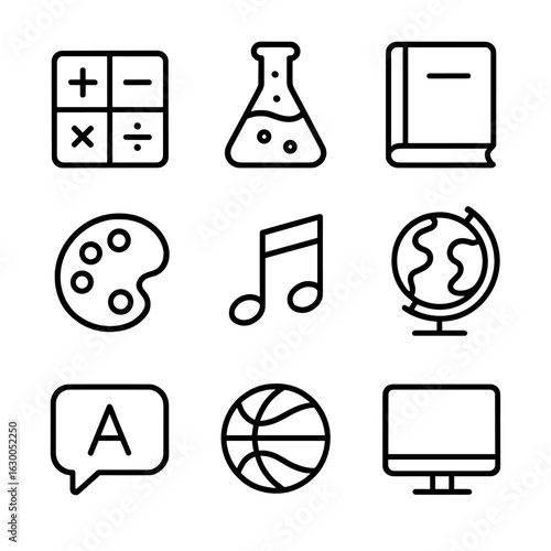 School Subjects Icons. Outline icon set of school subjects: math symbols, science beaker, history book, art palette, music note,