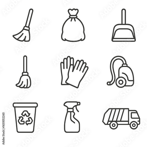 Holiday Cleaning Icons. Outline icon set of cleaning tasks after holidays: broom, trash bag, dustpan, mop,