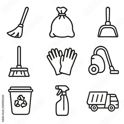 Holiday Cleaning Icons. Outline icon set of cleaning tasks after holidays: broom, trash bag, dustpan, mop,