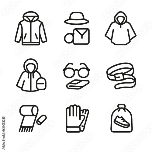 Foldable Wearables Icons. Outline icon set of foldable wearables: packable jacket, foldable hat, compact poncho, collapsible hood,