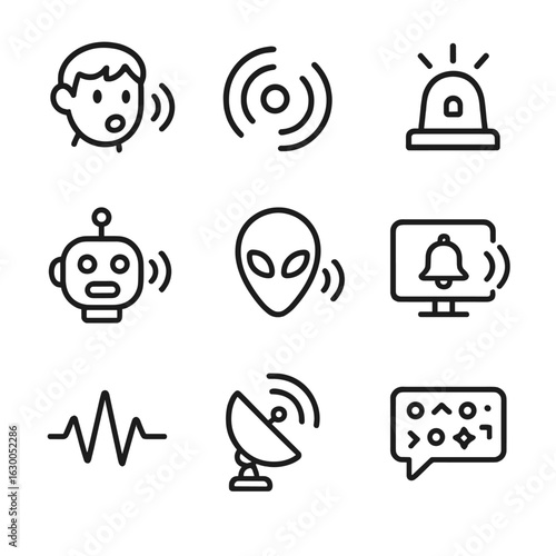 Sci-Fi Sound Icons. Outline icon set of chirp in fiction: character call, signal sound, alarm chirp, robotic beep, alien
