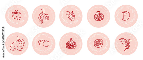 Hand drawn fruit label set. Vintage red outline icons of strawberry, banana, raspberry, pomegranate, mango, cherry, blueberry, fig, grapefruit, grapes. Round pink stickers for jam jar packaging
