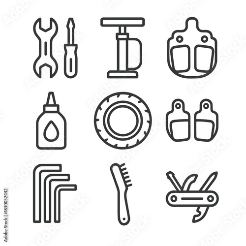 Scooter Maintenance Tools Icons. Outline icon set of scooter maintenance tools: wrench, screwdriver, tire pump, lubricating oil,