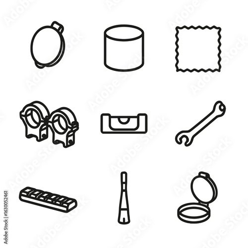 Scope Accessories Icons. Outline icon set of scope components and accessories: lens cover, sunshade, cleaning cloth, mount rings,