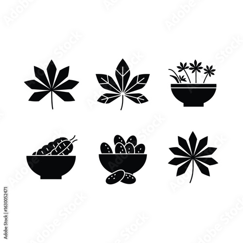 Illustration of cassava leaves and roots in bowls, isolated on white background, showcasing the plants versatility as a food source