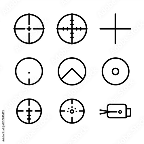 Scope Reticle Icons. Outline icon set of scope reticles and sights: crosshair, mil-dot, duplex, horseshoe, chevron, circle-dot,