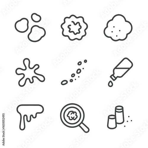 Food Residue Icons. Outline icon set of residue in food and cooking: grease spots, burnt food, flour dust, sauce splash, crumb