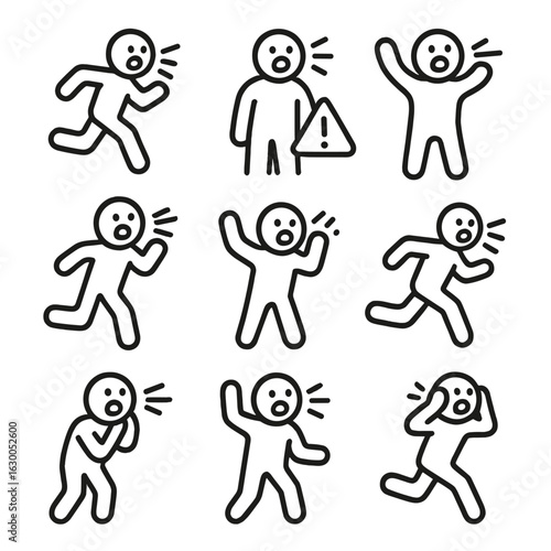 Scream Escape Icons. Outline icon set of scream in escape: running scream, escape from danger, scream of freedom, scream while
