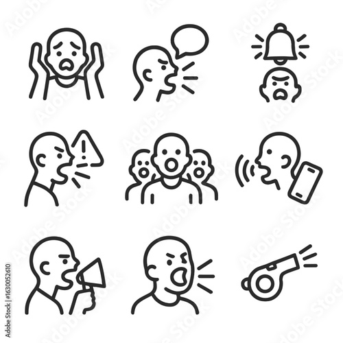 Scream Communication Icons. Outline icon set of scream communication: distress signal, SOS, alarm call, warning shout, crowd chant