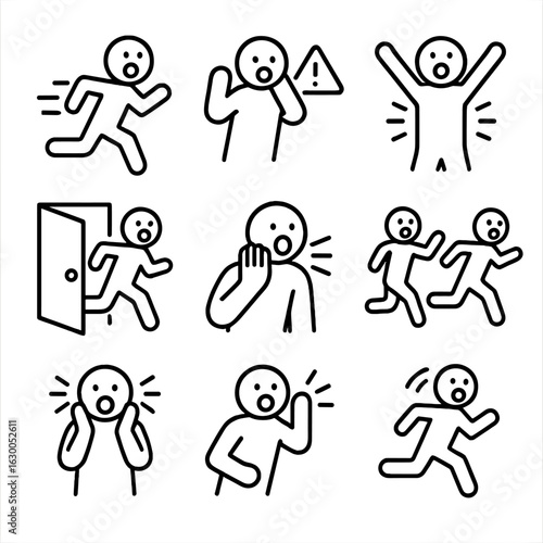 Scream Escape Icons. Outline icon set of scream in escape: running scream, escape from danger, scream of freedom, scream while