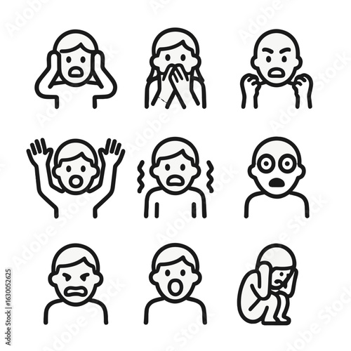 Scream Gesture Icons. Outline icon set of scream gestures: hands on ears, covering mouth, clenching fists, raised arms, trembling,