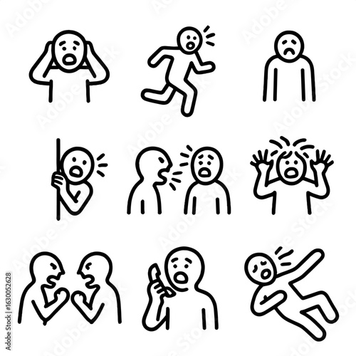 Scream Reaction Icons. Outline icon set of scream reactions: covering ears, running, freezing, hiding, shouting back, panic,