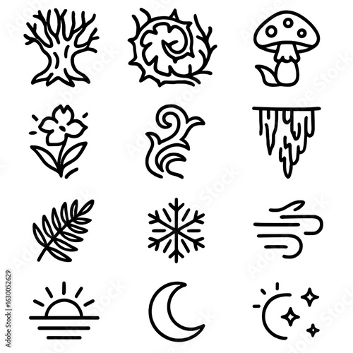 Forbidden Forest Icons. Outline icon set of forbidden forest plants: ancient tree, thorn bush, poisonous mushroom, glowing flower,