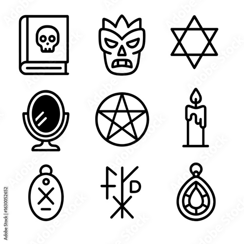 Forbidden Magic Icons. Outline icon set of forbidden magic: cursed book, voodoo mask, hex symbol, black mirror, pentacle circle,