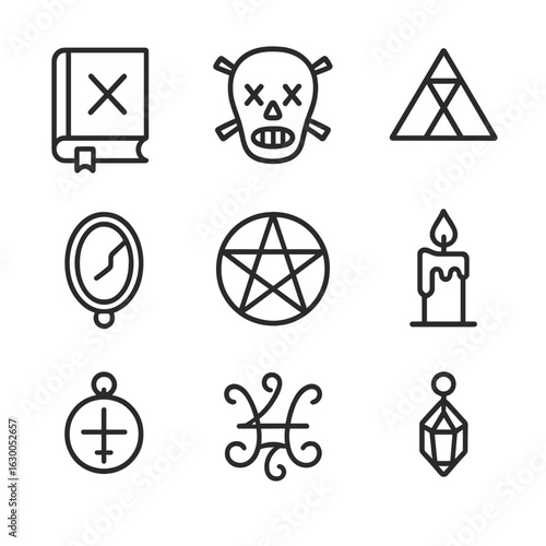 Forbidden Magic Icons. Outline icon set of forbidden magic: cursed book, voodoo mask, hex symbol, black mirror, pentacle circle,