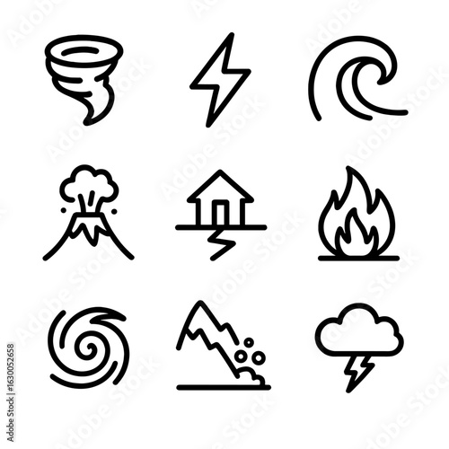 Force of Nature Icons. Outline icon set of force of nature: tornado, lightning bolt, tsunami wave, volcano eruption, earthquake,