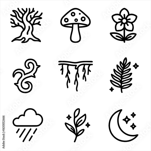 Forbidden Forest Icons. Outline icon set of forbidden forest plants: ancient tree, thorn bush, poisonous mushroom, glowing flower,