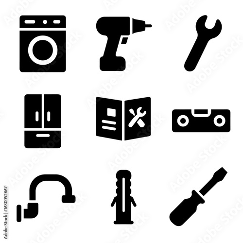 Home Appliance Icons. Solid, filled icons set of installing and maintaining home appliances: washing machine,