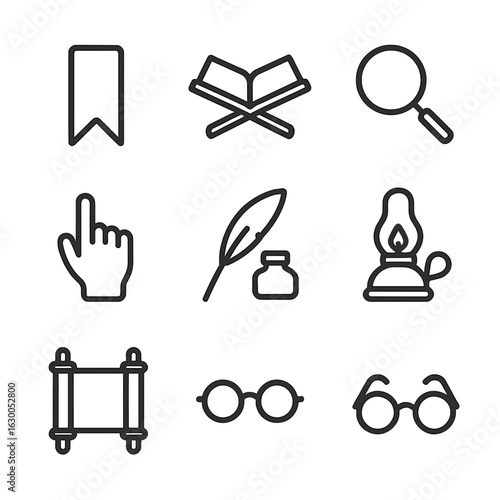 Scripture Reading Icons. Outline icon set of scripture reading tools: bookmark, reading stand, magnifying glass, page turner,