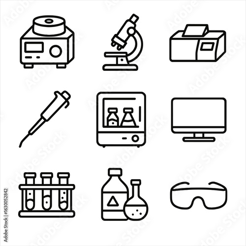 Forensic Lab Icons. Outline icon set of forensic lab equipment: centrifuge, microscope, spectrometer, pipette, incubator, computer