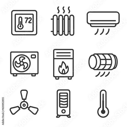 Home Climate Control Icons. Outline icon set of home heating and cooling systems: thermostat, radiator, air