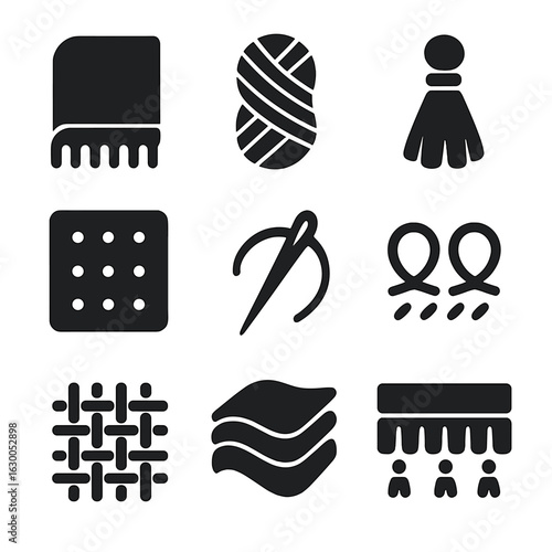 Home Comfort Icons. Solid, filled icons set of home comfort textiles: fringed blanket, yarn skein, tassel