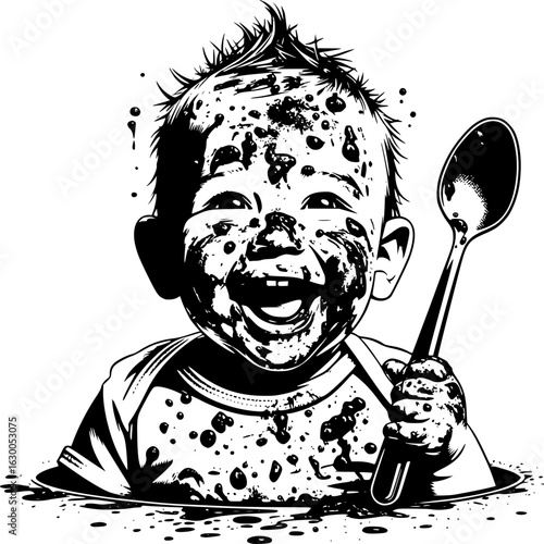 Messy Delight: A joyful infant revels in a delectable culinary exploration, creating an artful spectacle of food, the pure joy and messiness of infancy captured in monochromatic tones.