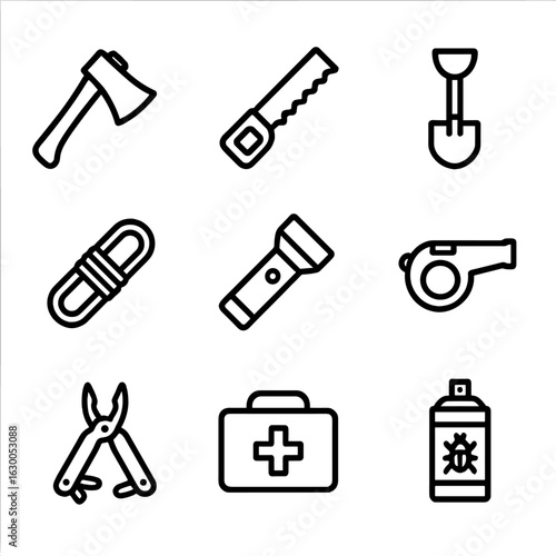 Forest Tools Icons. Outline icon set of forest tools: hatchet, saw, shovel, rope, flashlight, whistle, multitool, first aid kit,