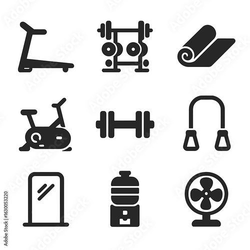 Home Gym Icons. Solid, filled icons set of home gym setup: treadmill, weights rack, yoga mat, exercise bike,