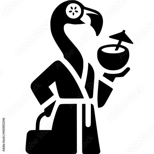 Relaxed Flamingo in Spa: a serene flamingo, donning a spa robe and cucumber eye patches, savors a refreshing drink, embodying tranquility and leisure.